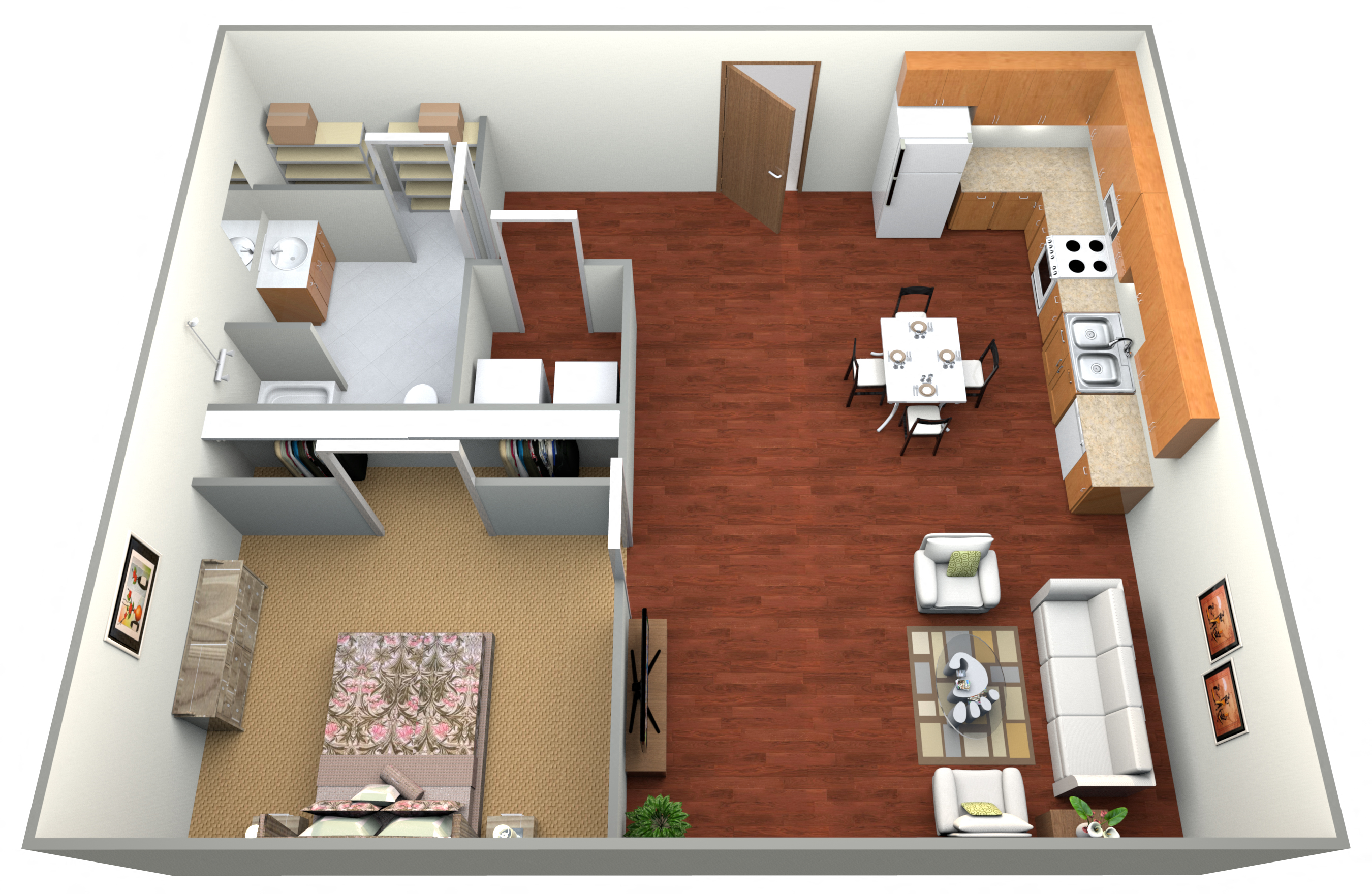 Floor plan for 1 bed, 1 bath, 617 sqft